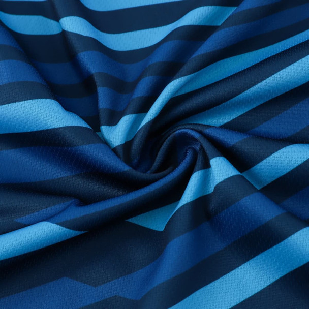 A 100% polyester fabric featuring blue stripes of varying shades, suitable for sublimation printing.
