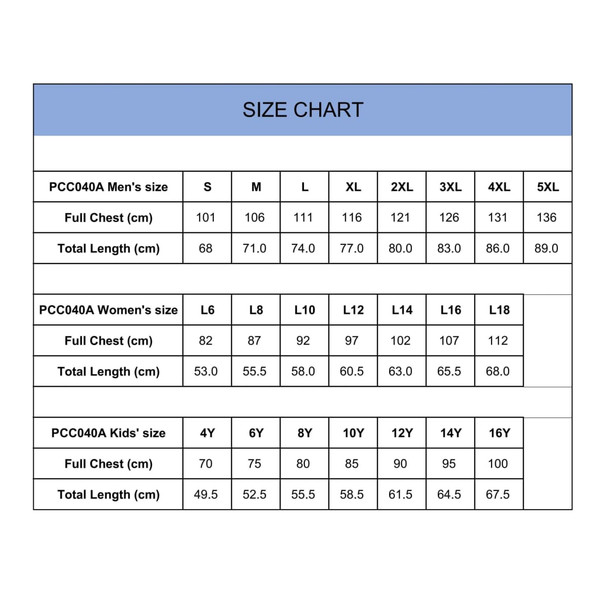 A size chart detailing measurements for men’s, women’s, and kids’ singlets in various sizes.