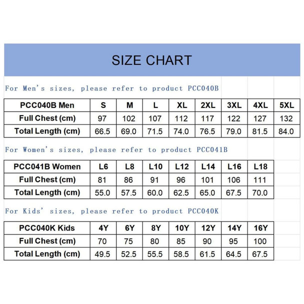 A size chart for singlets displaying measurements for men's, women's, and kids' sizes in a clear format.