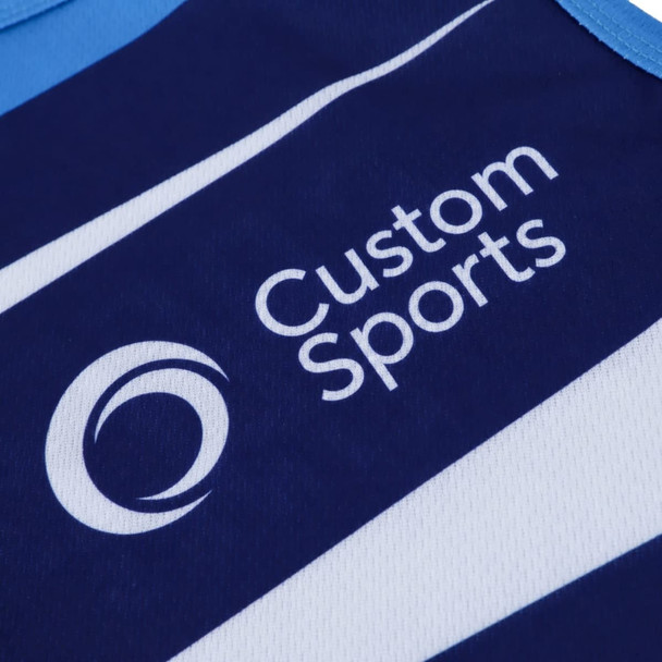 A navy blue sports singlet with light blue accents and a logo featuring the text "Custom Sports."