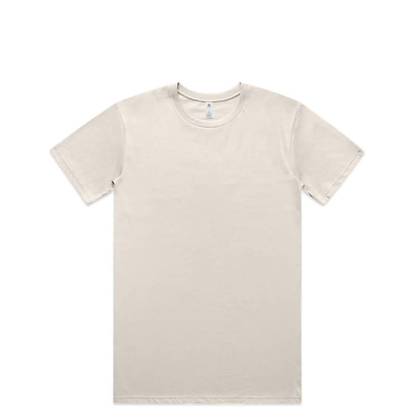 A beige basic t-shirt with short sleeves and a crew neck, featuring a logo on the inside tag.