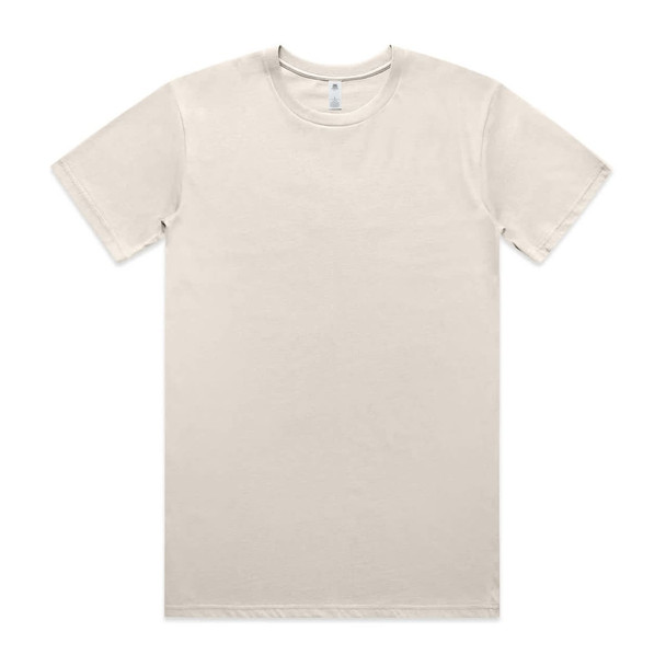 A plain light beige T-shirt with a round neckline and short sleeves, featuring a logo at the neckline.