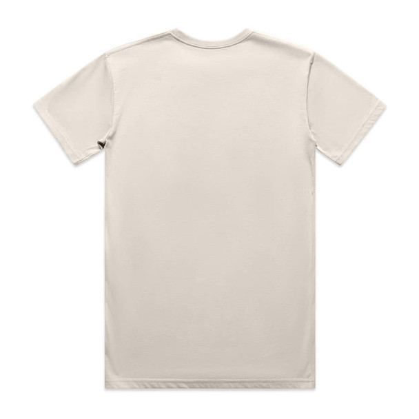 A light beige t-shirt featuring a simple design and a logo on the side.