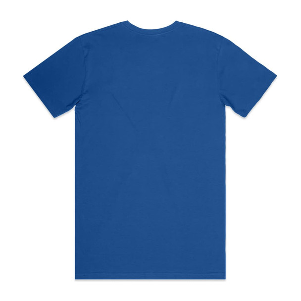 A blue basic tee with short sleeves and a plain back. It features a logo.
