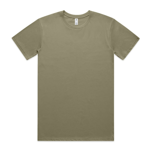 A plain olive green T-shirt with short sleeves and a crew neckline, featuring a label and no visible branding.
