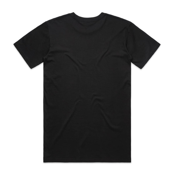 A black T-shirt featuring short sleeves and a plain back. The shirt has a logo on the label.
