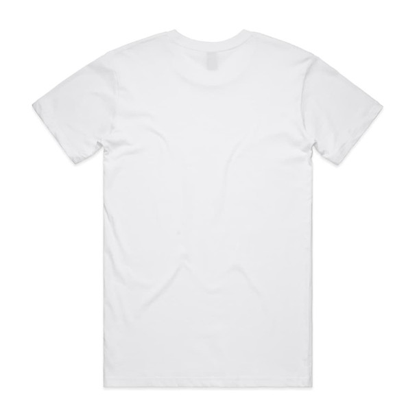 A plain white T-shirt with a round neckline and short sleeves, featuring a logo on the back.