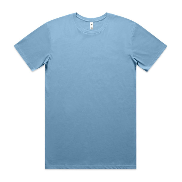 A light blue basic t-shirt with short sleeves, featuring a neck tag and a logo.