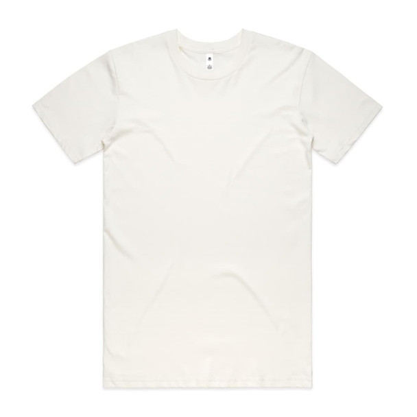 A plain cream basic tee, featuring a round neck and short sleeves, with a small logo on the label.