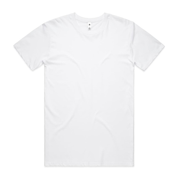 A plain white t-shirt with a round neckline and short sleeves, featuring a logo in the neckline.