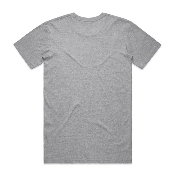 A grey Basic Tee t-shirt with short sleeves, displayed from the back view. It has a logo. A grey Basic Tee t-shirt with short sleeves, displayed from the back view. It has a logo.