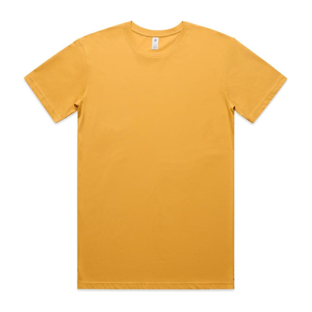 A plain yellow t-shirt displayed flat with short sleeves and a crew neckline, featuring a brand label.