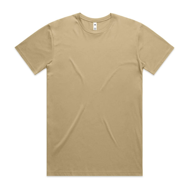 A plain beige T-shirt with a round neckline and short sleeves, featuring a logo.
