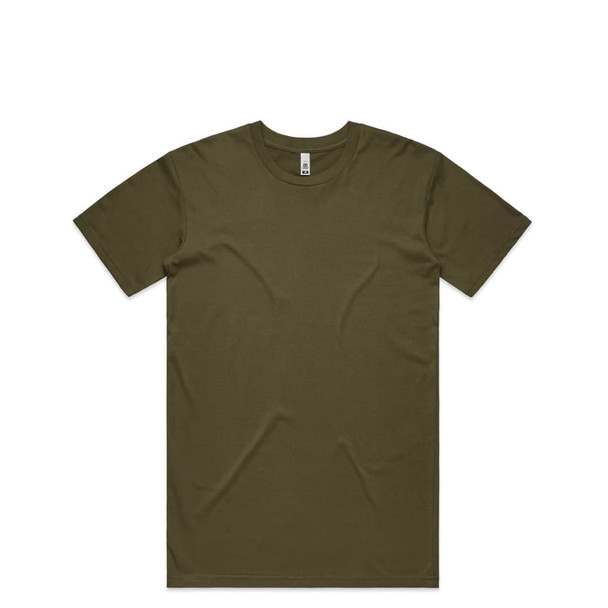An olive green t-shirt featuring a classic crew neck design and short sleeves, with a small logo on the label.