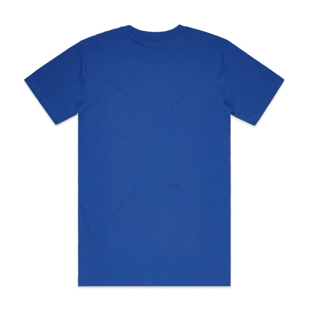 A blue Block Tubular Tee, featuring short sleeves and a plain back design, with a logo displayed.