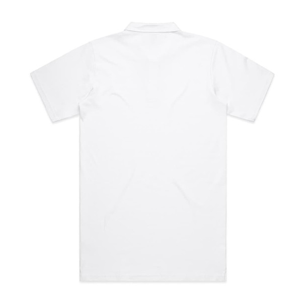 A plain white polo shirt with short sleeves, featuring a collared neckline and no visible branding.