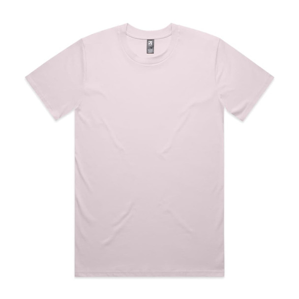 A plain light pink T-shirt with a round neckline and short sleeves, featuring a logo on the label.