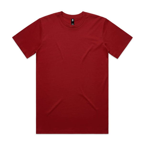 A plain red t-shirt with a round neckline and short sleeves, featuring a small logo.