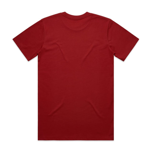 A red classic T-shirt with short sleeves and a plain back. The shirt features a logo.