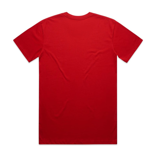 A red classic tee with short sleeves and a plain back. It features a logo on the fabric.