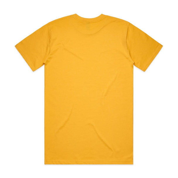A plain yellow T-shirt with short sleeves and a round neckline, featuring a logo on the back.