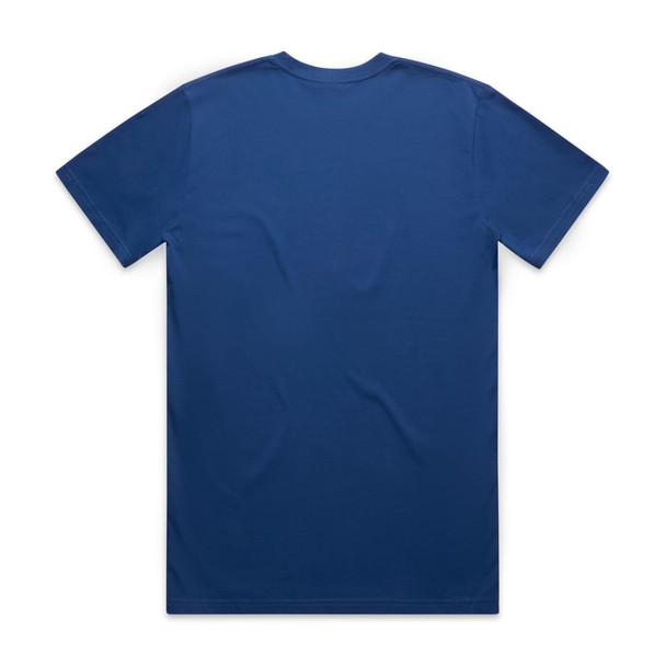 A blue classic t-shirt featuring short sleeves and a plain back design. It has a logo on the label.