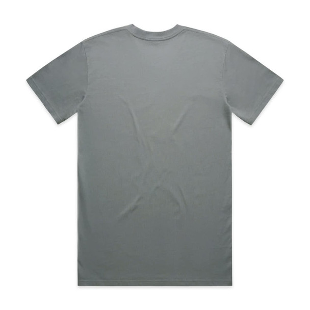 A plain grey t-shirt featuring a crew neck and short sleeves, with a branding logo on the label.