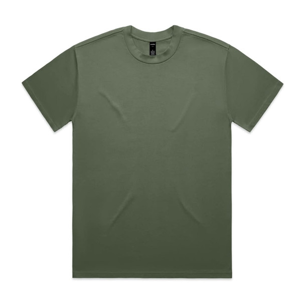 A heavy olive green T-shirt with a classic crew neck and short sleeves. Features a label inside.