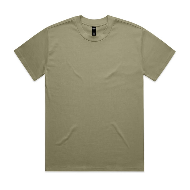 A khaki Heavy Tee featuring a crew neck and a plain design. It has a logo tag on the inside neck.