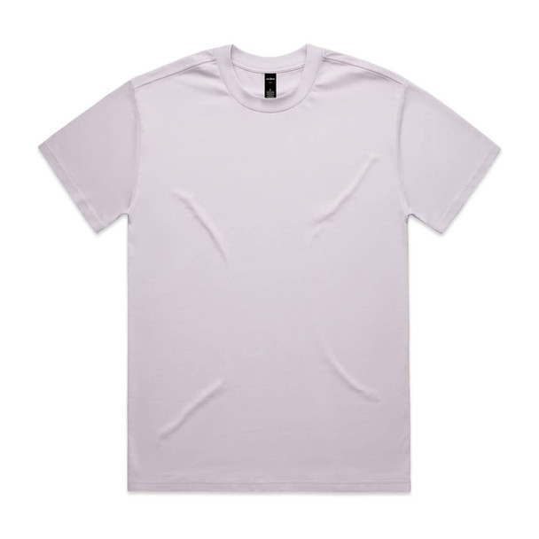 A plain heavy white t-shirt with a round neckline and short sleeves, featuring a small logo.