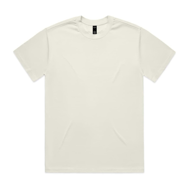 A plain cream Heavy Tee t-shirt with a round neckline and short sleeves. It features a logo on the label.