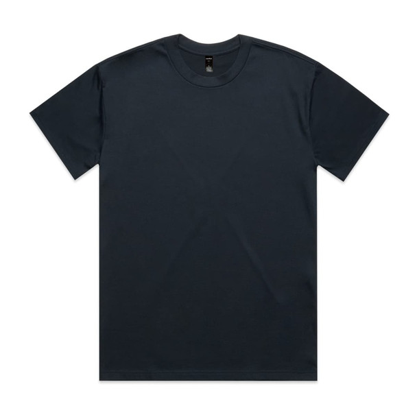 A dark-coloured heavy tee t-shirt with a classic crew neck design. It features a logo tag on the inside.