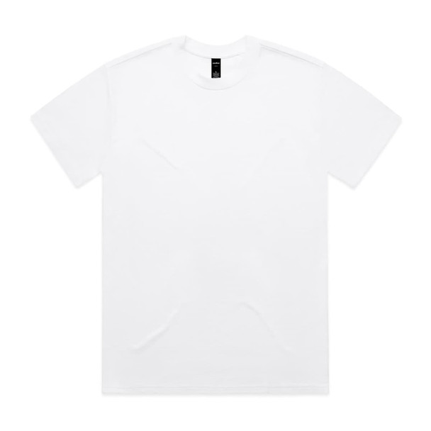 A plain white Heavy Tee t-shirt featuring a simple design and a logo on the label.