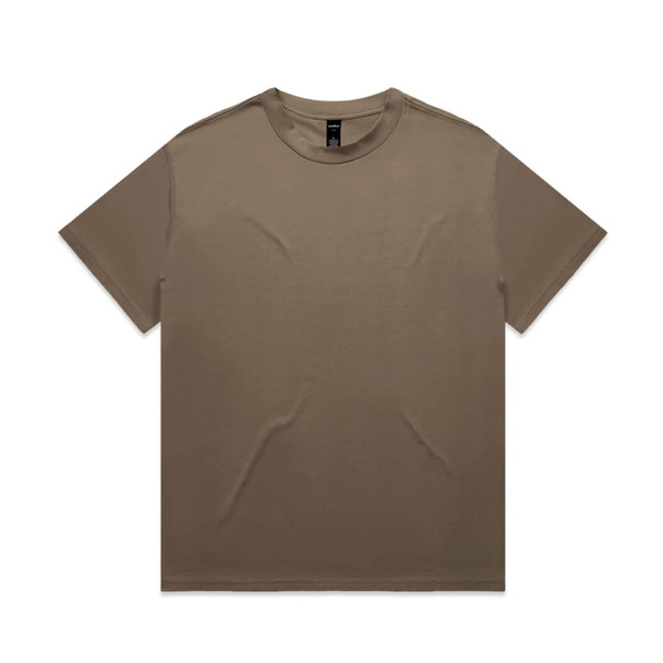 A brown heavy tee with a round neckline and short sleeves, featuring branding on the inside tag.