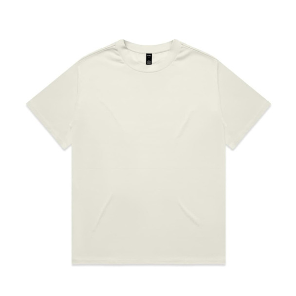 A plain white T-shirt with a round neckline and short sleeves, featuring a small logo on the label.