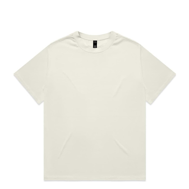 A plain white t-shirt with short sleeves, featuring a simple design and a brand logo on the label.