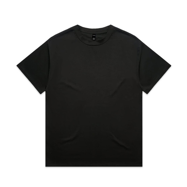 A black heavy tee shirt with a crew neck and short sleeves. The design includes a logo on the label.