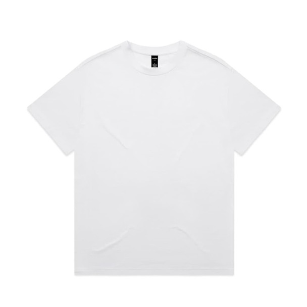 A white T-shirt with a relaxed fit and minimal design, featuring a brand logo on the label.