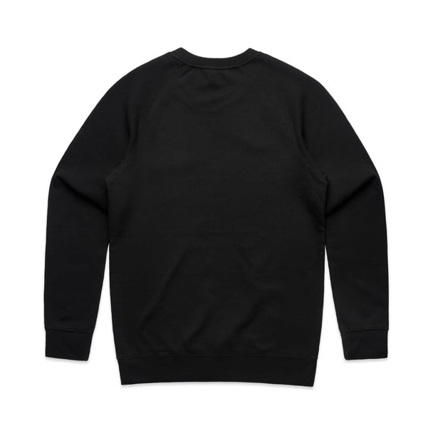 A black jumper features a simple and smooth design with a round neckline and long sleeves. It has a logo on the back.