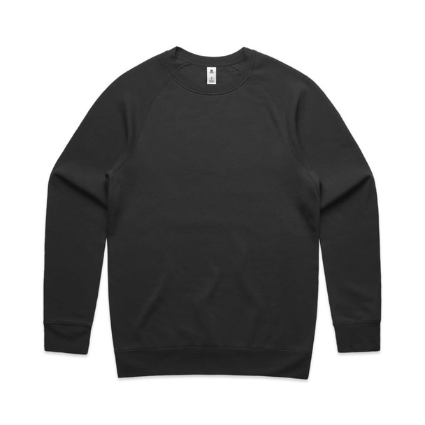 A black crew jumper with long sleeves and a ribbed hem. It has a tag at the neckline and features branding.
