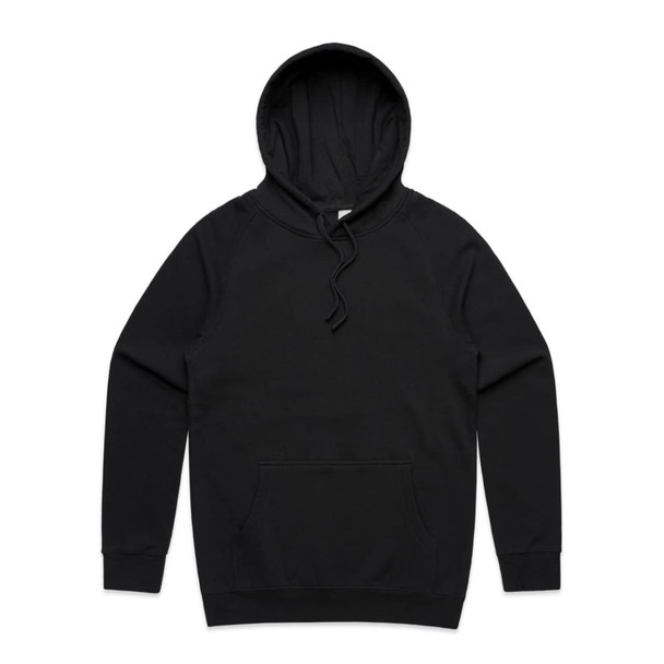 A black hoodie with a front pocket and a drawstring hood, featuring a logo on the front.