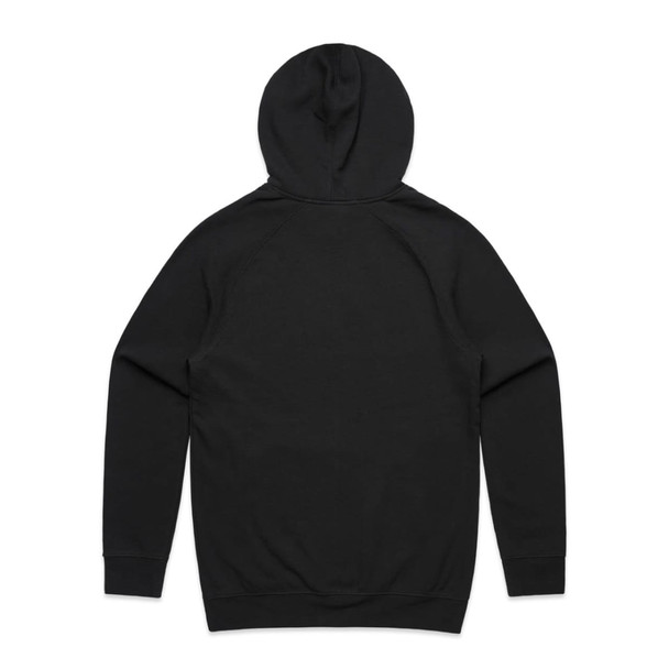 A black hoodie featuring a hood and long sleeves, with a smooth back design and a logo present.
