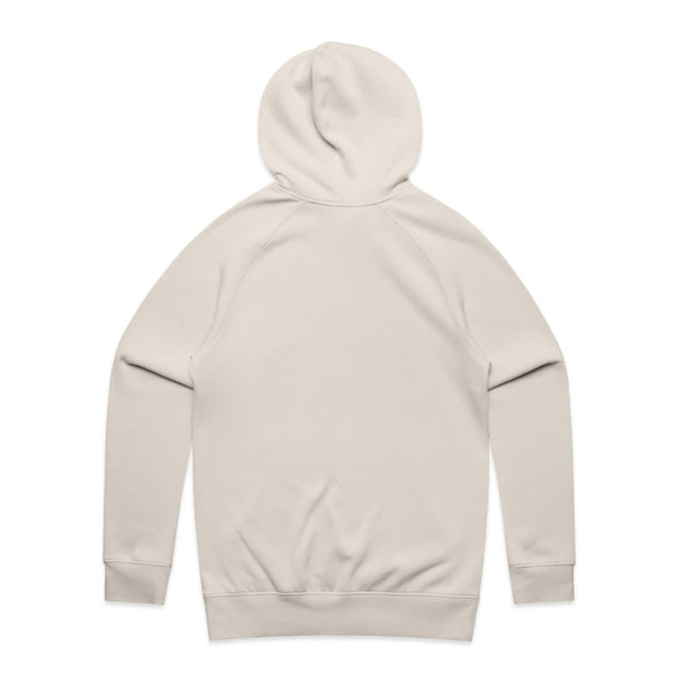A plain beige hoodie with a back view, featuring a hood and long sleeves. The hoodie has a simple design and includes a logo.