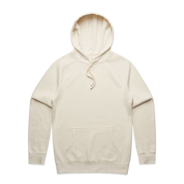 A cream-coloured hoodie with a front pocket and a drawstring hood. It features a logo on the front.