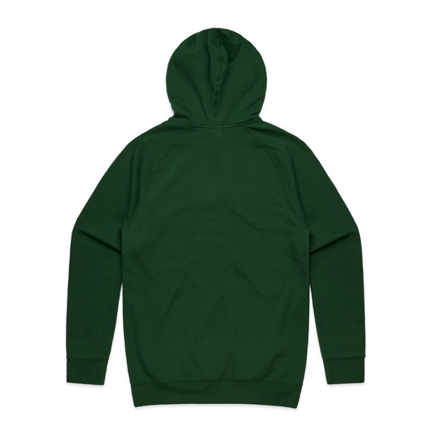 A green hoodie featuring a back view with a hood and long sleeves, including a logo on the fabric.