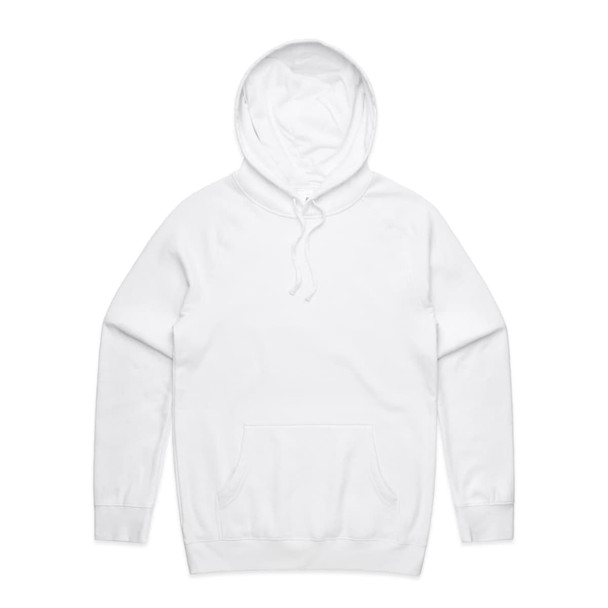 A white hoodie with a front pocket and a drawstring hood, featuring a logo on the front.