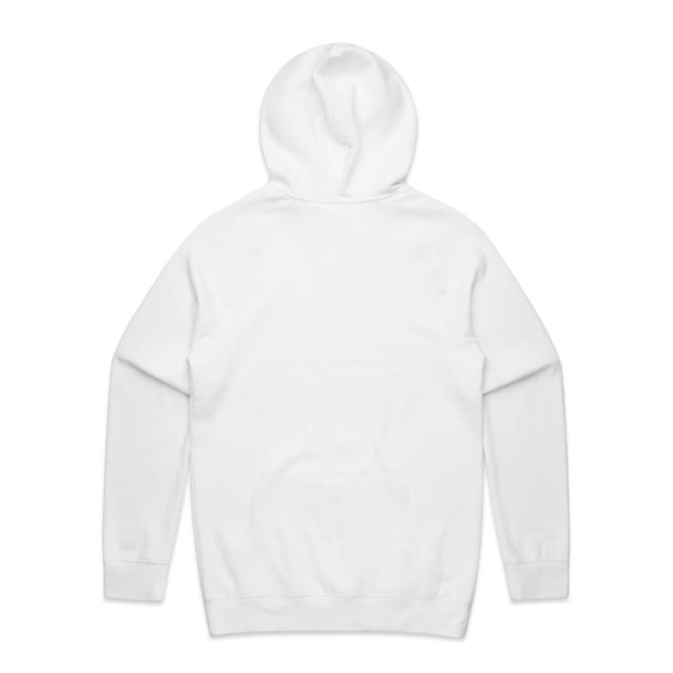 A white hoodie with a front pocket and a large hood, featuring a logo on the back.