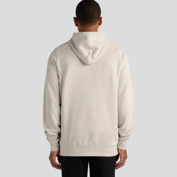 A beige hoodie with a drawstring hood and a plain back, featuring a logo on the sleeve.