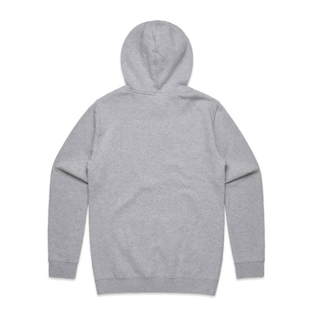 A grey hoodie featuring a hood and long sleeves, with a plain back and a logo.