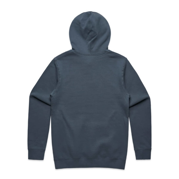 A grey hoodie featuring a hood and long sleeves, with a simple design and branding on the back.